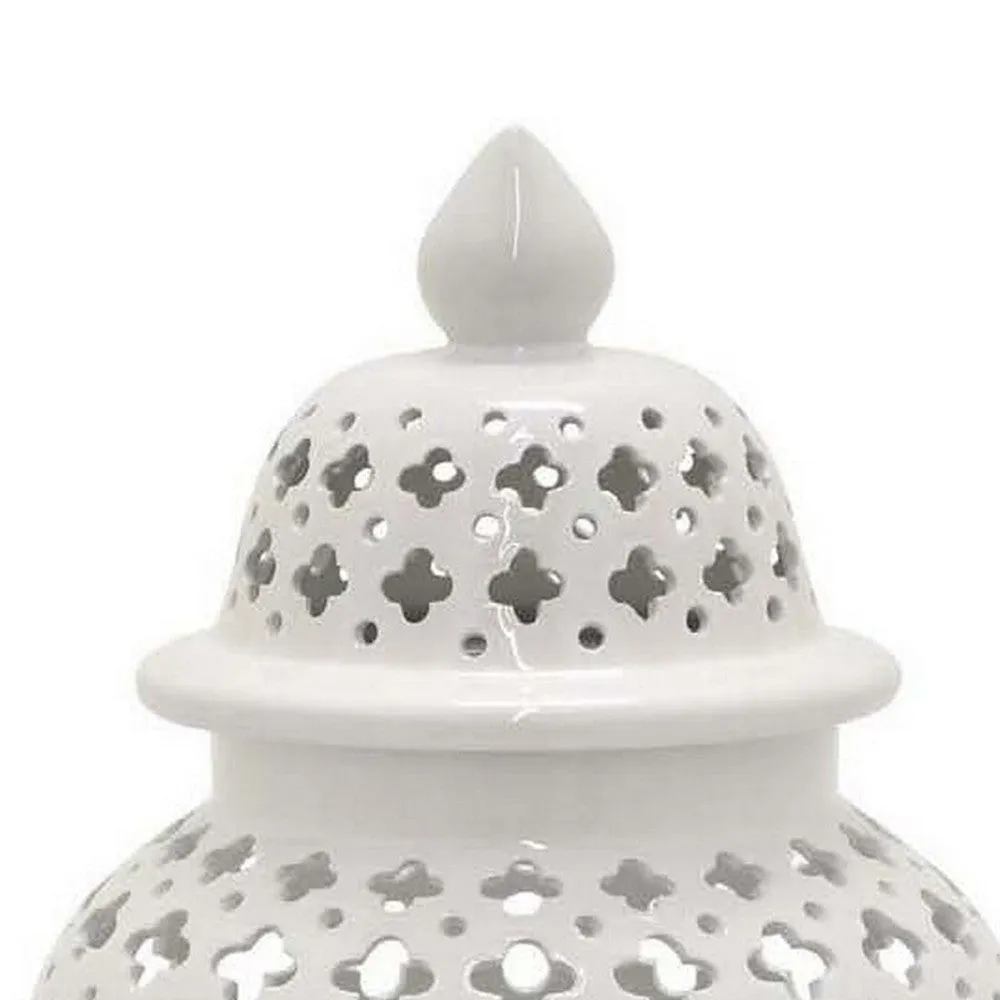 24 Inch Temple Ginger Jar, Ceramic White Carved Lattice Design with Lid By Casagear Home