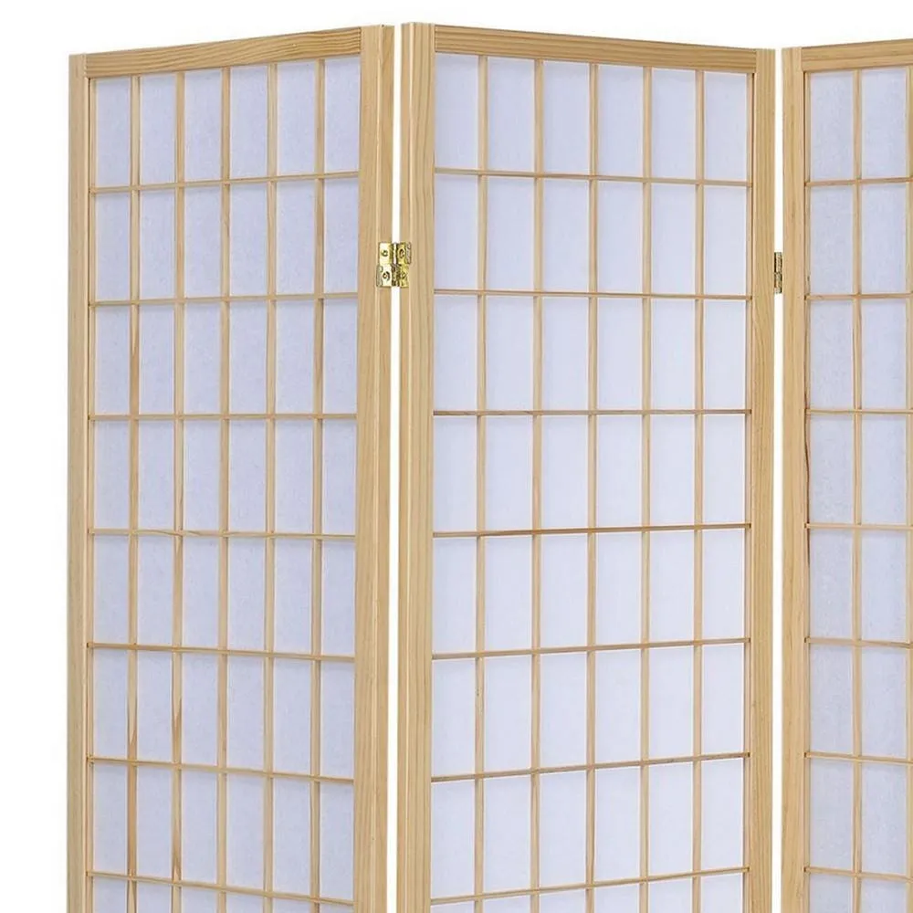 3 Panel Foldable Wooden Frame Room Divider with Grid Design, Brown By Casagear Home