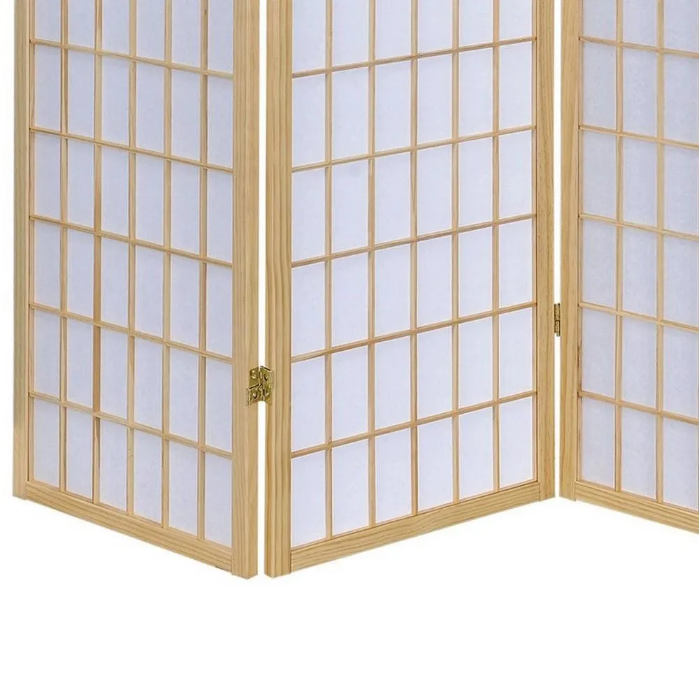 3 Panel Foldable Wooden Frame Room Divider with Grid Design, Brown By Casagear Home