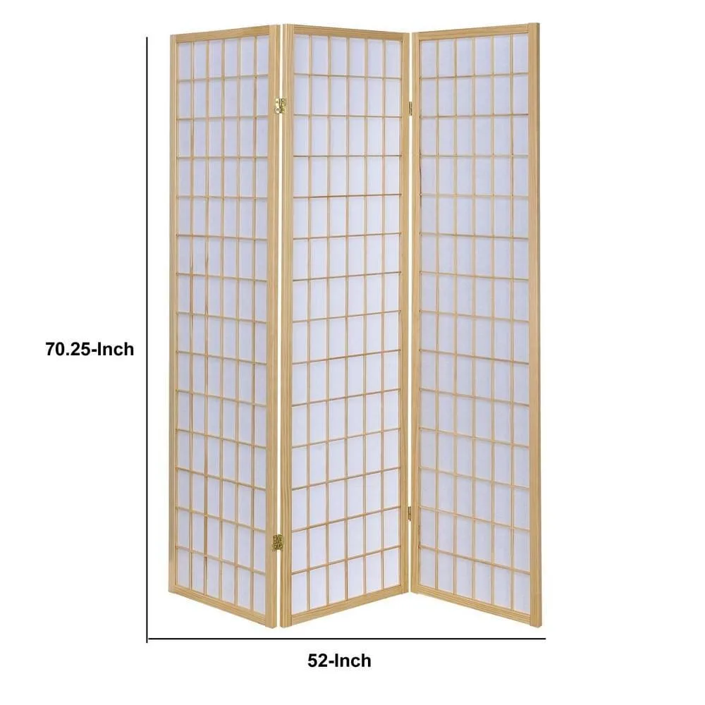 3 Panel Foldable Wooden Frame Room Divider with Grid Design, Brown By Casagear Home