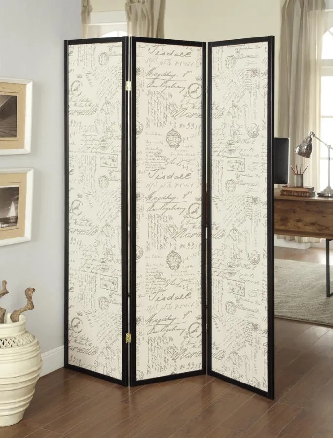 3-panel French Script Print Folding Screen Espresso