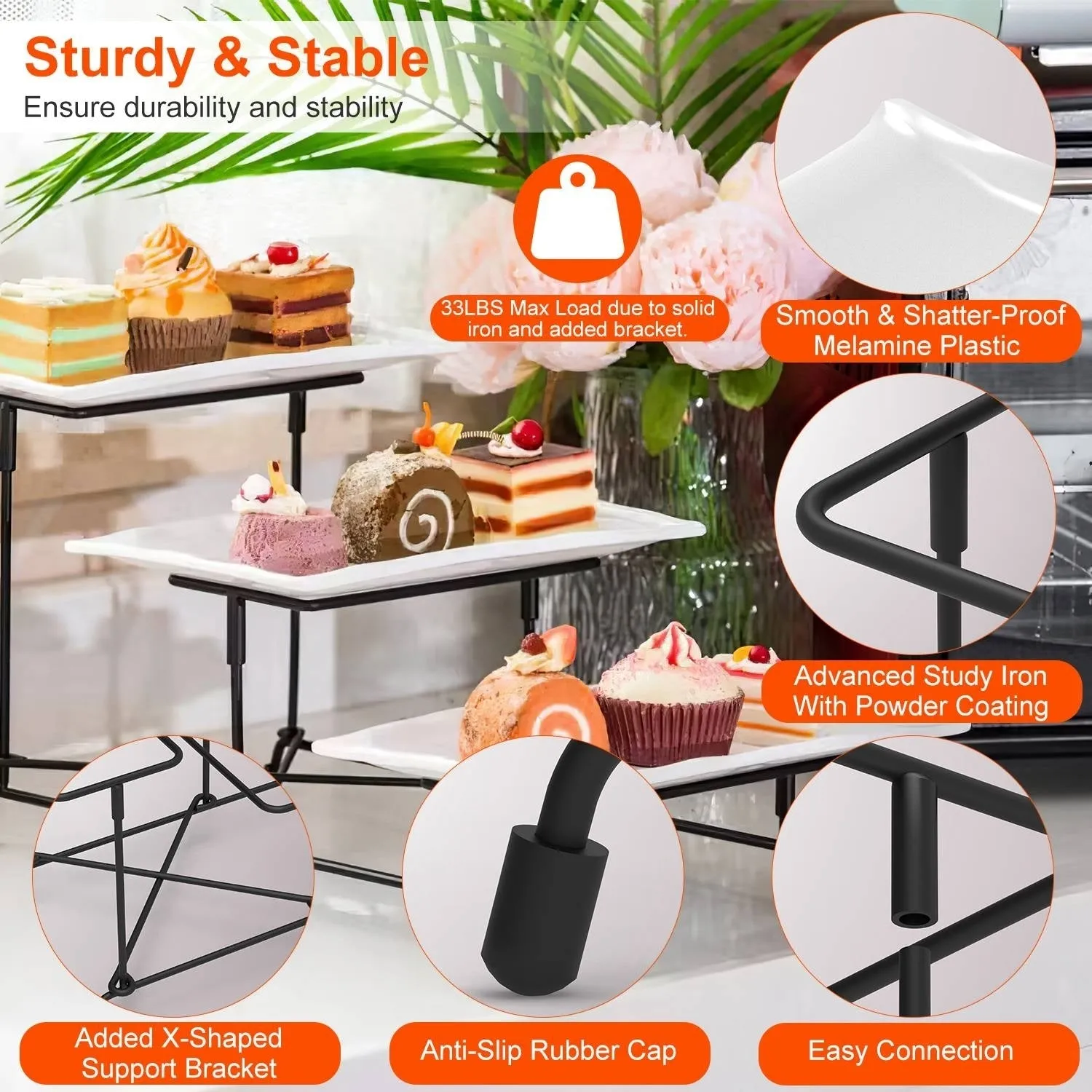 3-Tier Plastic Serving Tray Dessert Server Display Serving Stand Dinnerware with 3 Rectangular Plastic Serving Platters