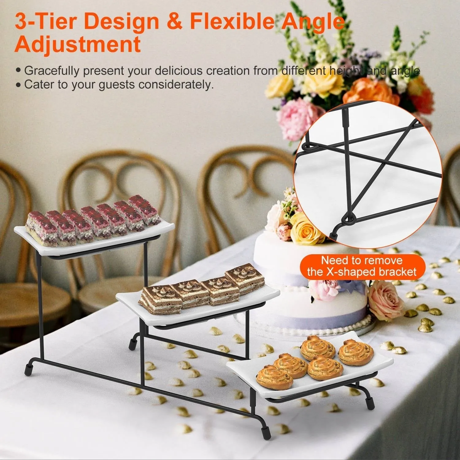 3-Tier Plastic Serving Tray Dessert Server Display Serving Stand Dinnerware with 3 Rectangular Plastic Serving Platters