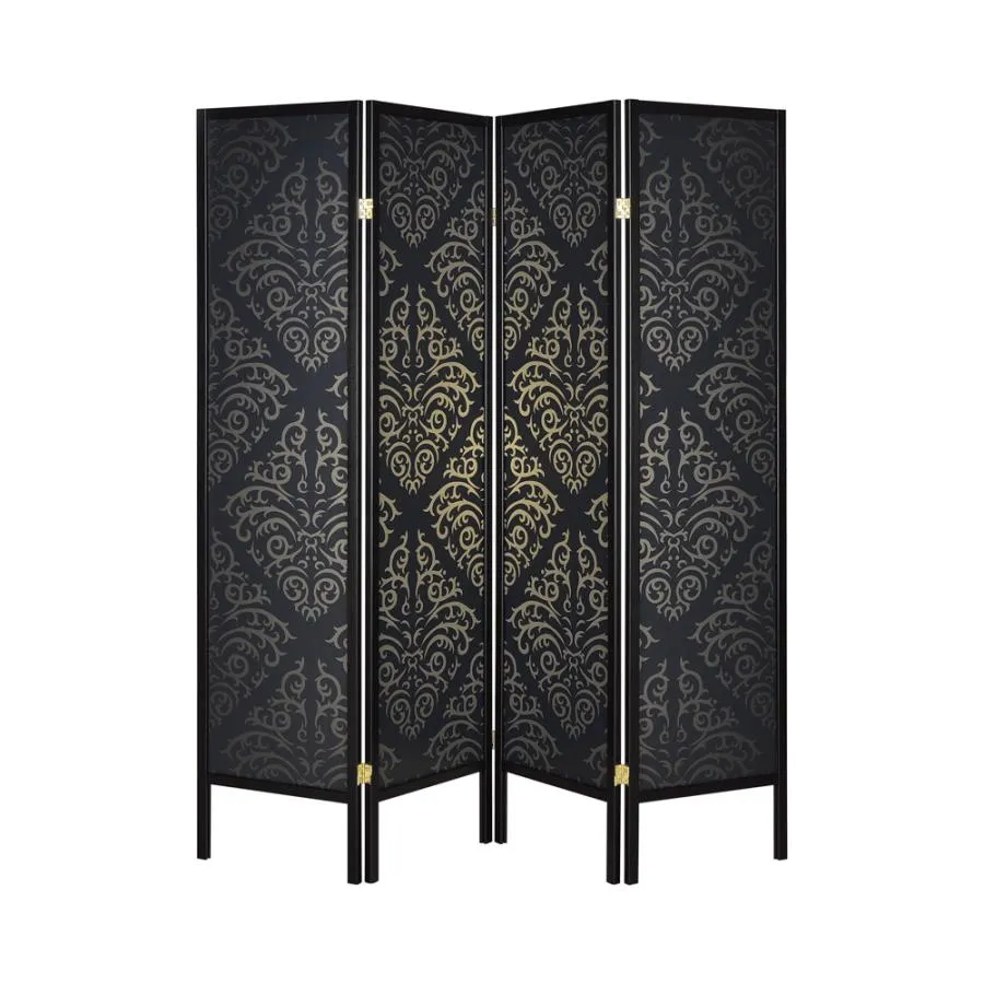 4-panel Damask Pattern Folding Screen Black