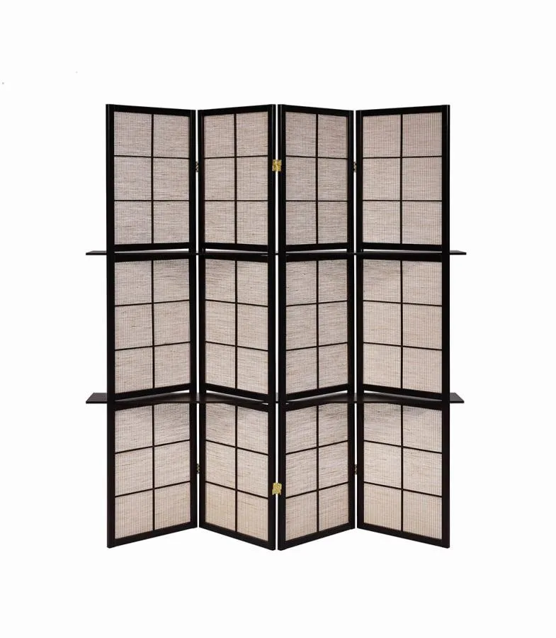 4-panel Folding Screen with Removable Shelves Tan and Cappuccino