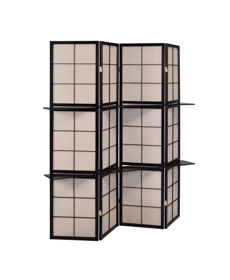 4-panel Folding Screen with Removable Shelves Tan and Cappuccino