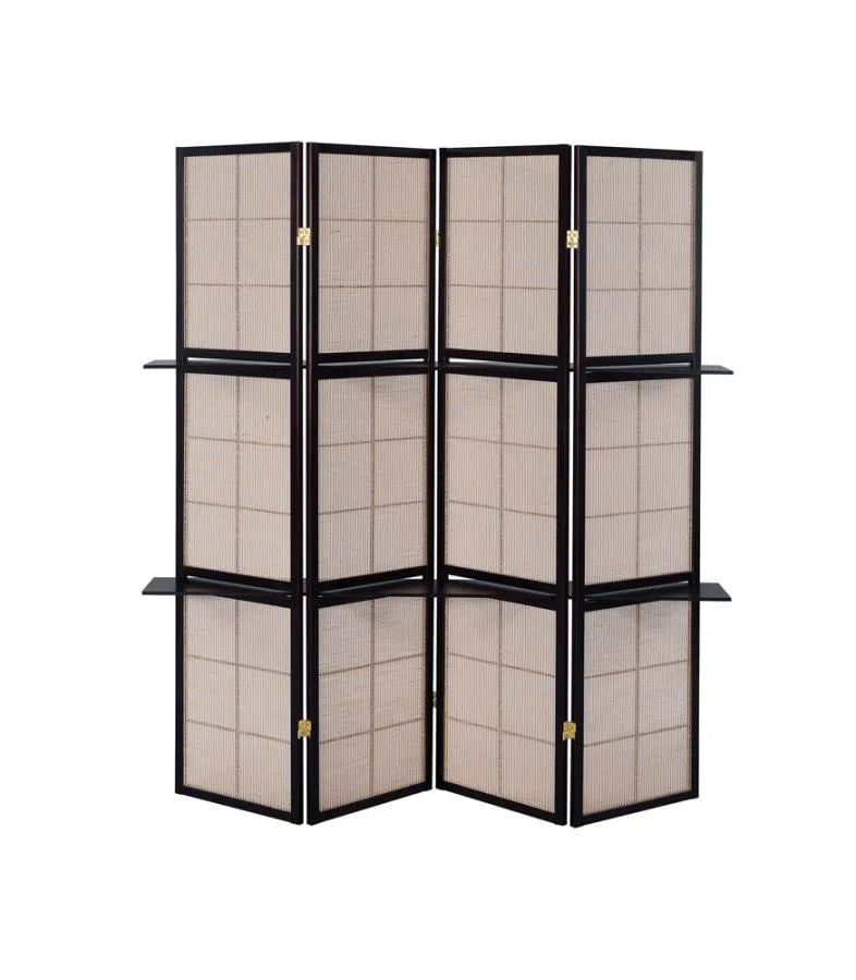 4-panel Folding Screen with Removable Shelves Tan and Cappuccino