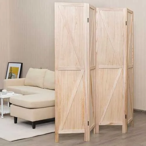 4 Panels Folding Wooden Room Divider-Natural - Color: Natural