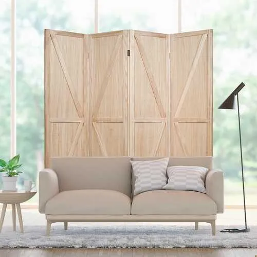 4 Panels Folding Wooden Room Divider-Natural - Color: Natural