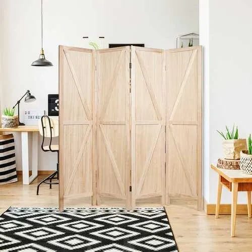 4 Panels Folding Wooden Room Divider-Natural - Color: Natural