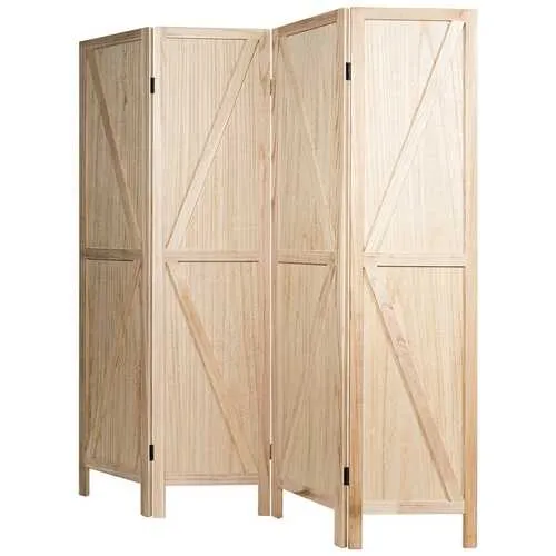 4 Panels Folding Wooden Room Divider-Natural - Color: Natural