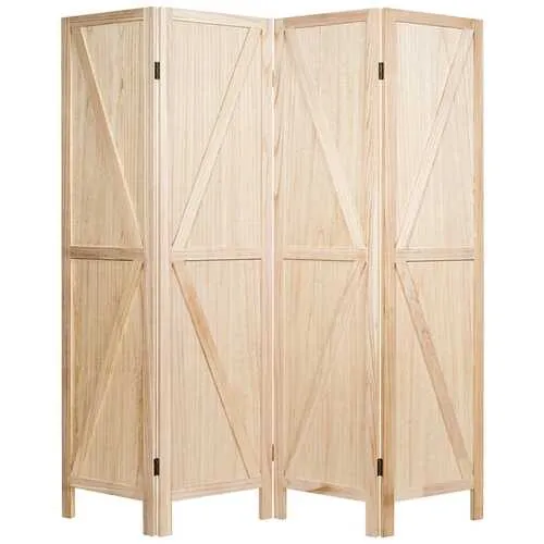 4 Panels Folding Wooden Room Divider-Natural - Color: Natural