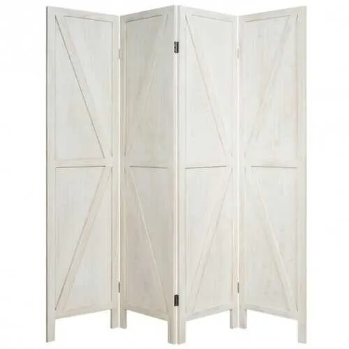 4 Panels Folding Wooden Room Divider-White - Color: White