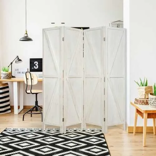 4 Panels Folding Wooden Room Divider-White - Color: White