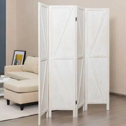 4 Panels Folding Wooden Room Divider-White - Color: White