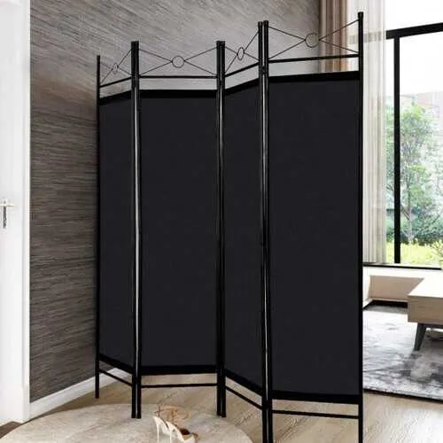 4 Panels Metal Frame Room Private Folding Screen-Black - Color: Black