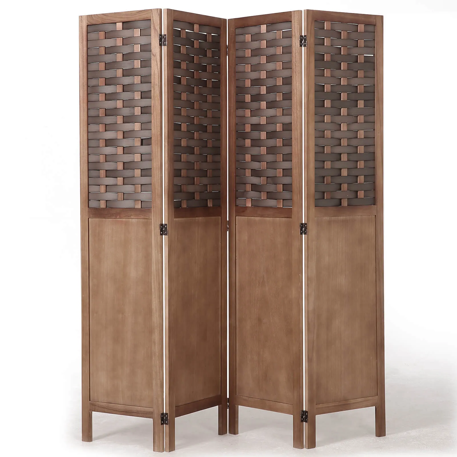 4 Panels Wood Room Divider 5.6ft Folding Privacy Screens with Hand-Woven Wicker Rattan, Brown