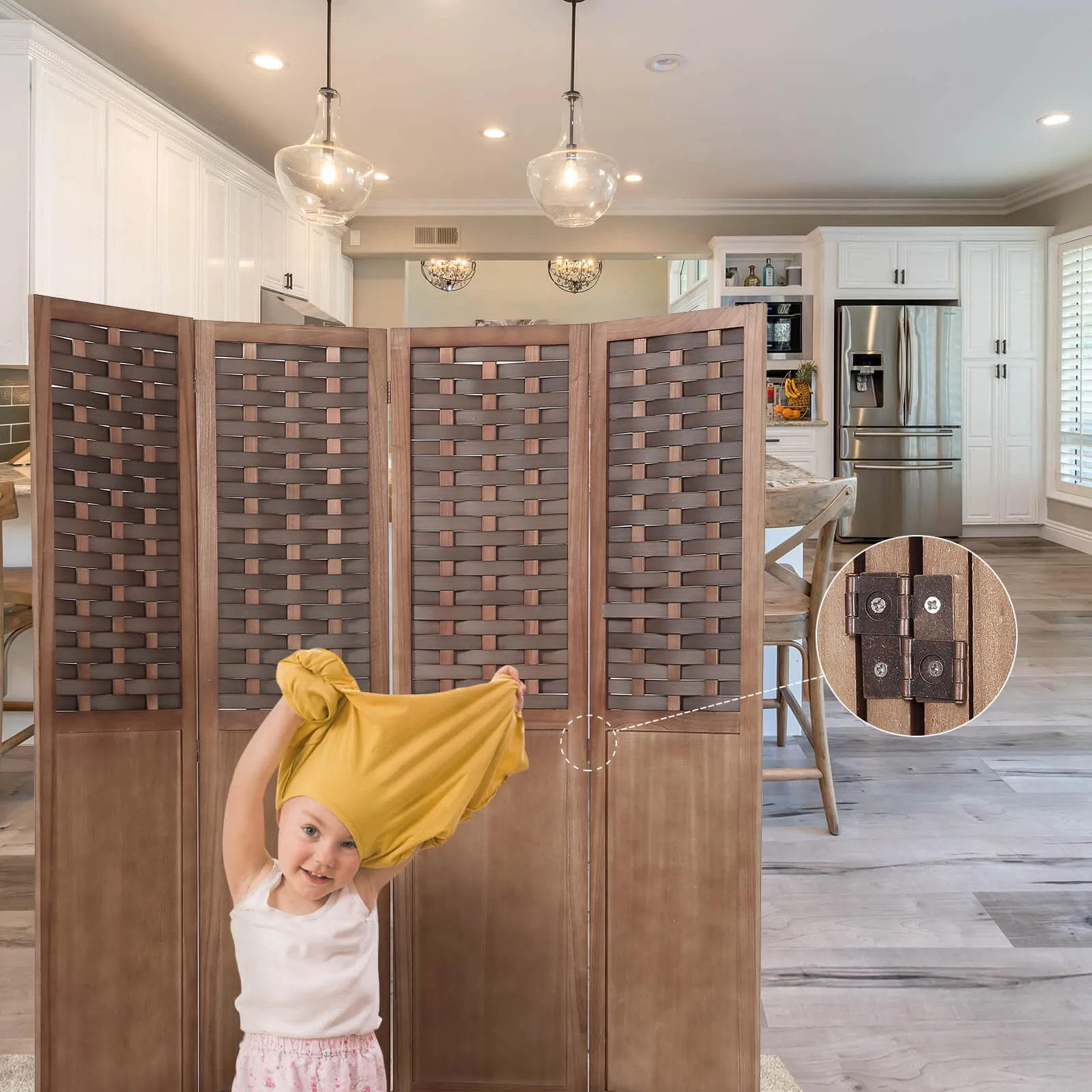 4 Panels Wood Room Divider 5.6ft Folding Privacy Screens with Hand-Woven Wicker Rattan, Brown