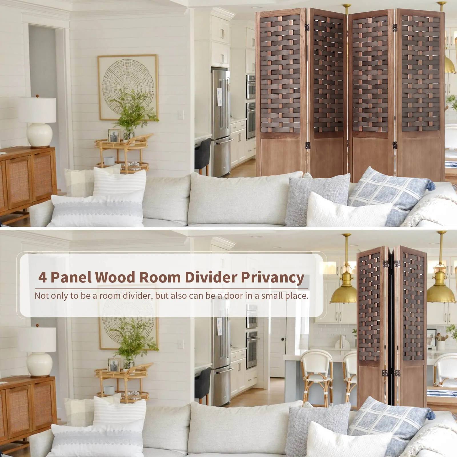 4 Panels Wood Room Divider 5.6ft Folding Privacy Screens with Hand-Woven Wicker Rattan, Brown