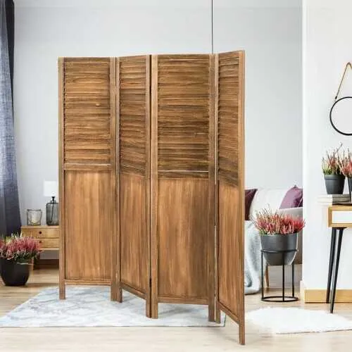 5.6 Ft Tall 4 Panel Folding Privacy Room Divider-Wood - Color: Wood