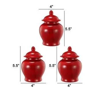 6 Inch Small Ginger Jar, Lidded, Porcelain, Bell Shape Set of 3, Red By Casagear Home