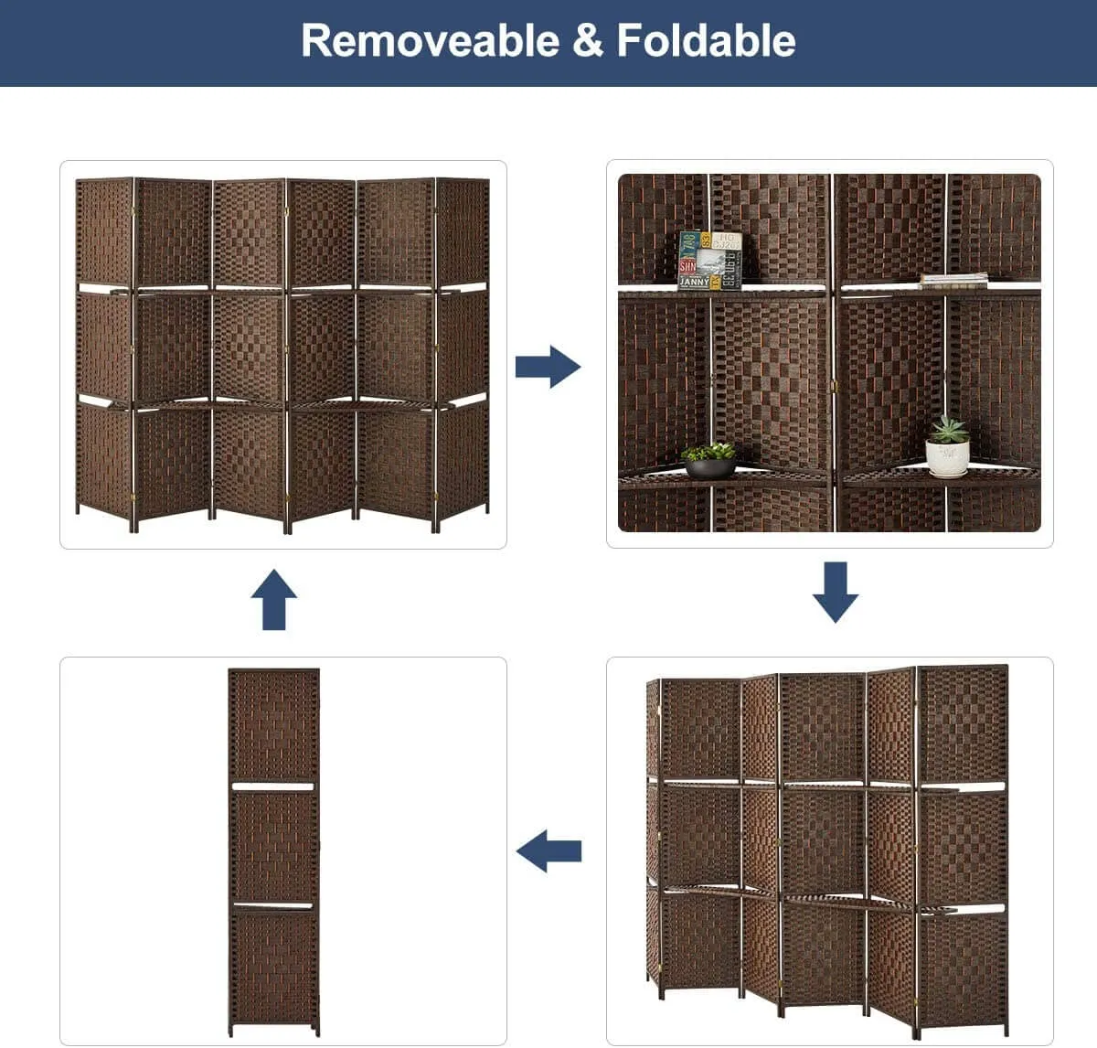 6 Panels Room Dividers 6ft Weave Fiber Folding Privacy Screens with 2 Shelves, Double Hinged, Brown