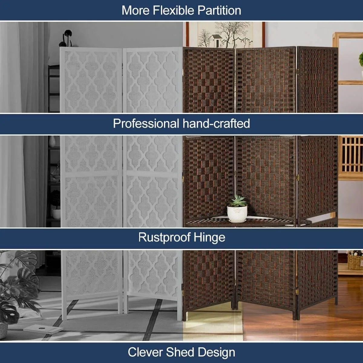 6 Panels Room Dividers 6ft Weave Fiber Folding Privacy Screens with 2 Shelves, Double Hinged, Brown