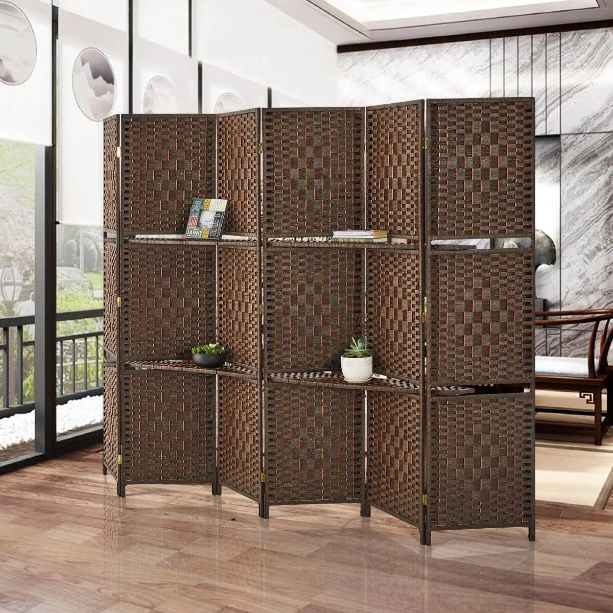 6 Panels Room Dividers 6ft Weave Fiber Folding Privacy Screens with 2 Shelves, Double Hinged, Brown