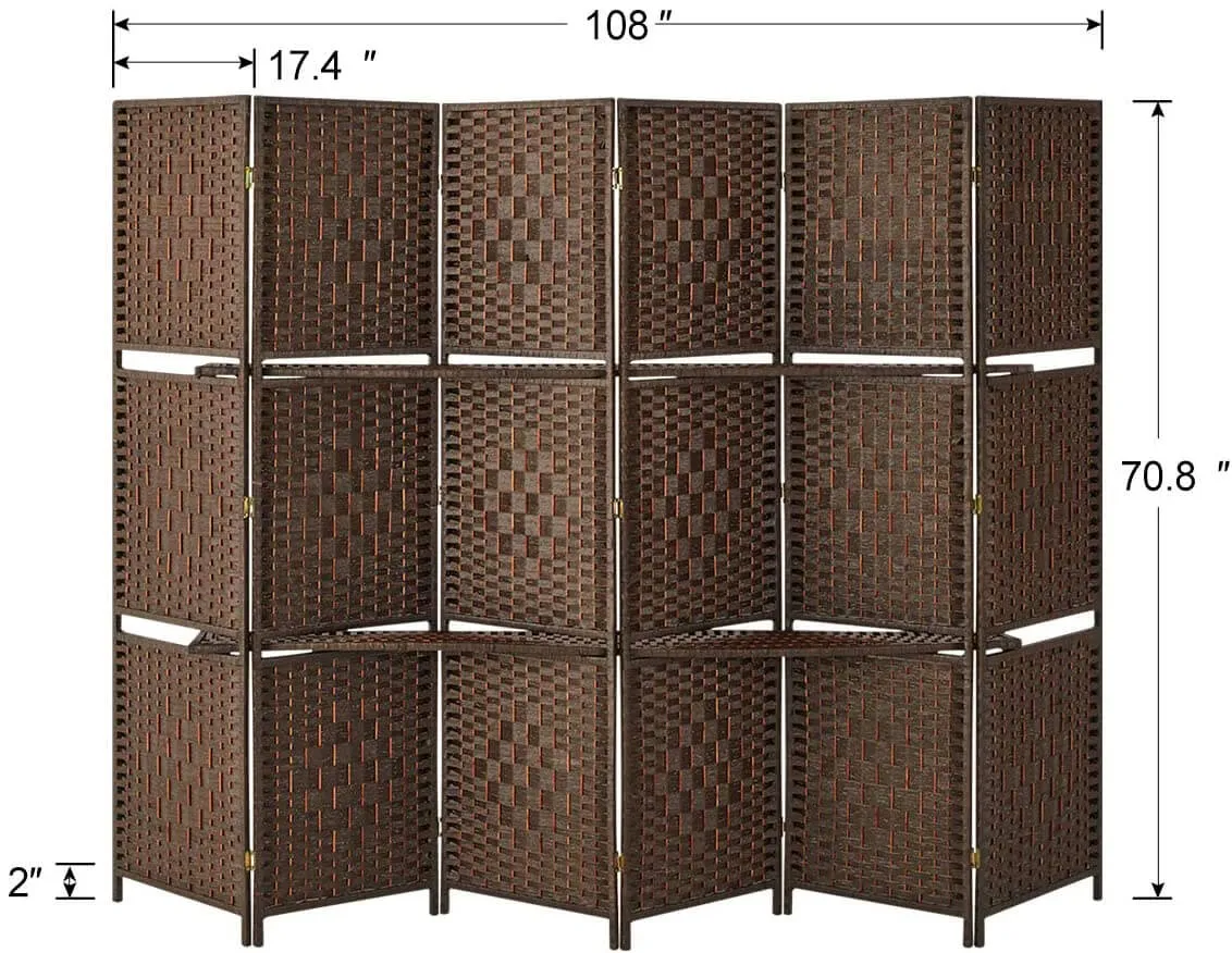 6 Panels Room Dividers 6ft Weave Fiber Folding Privacy Screens with 2 Shelves, Double Hinged, Brown