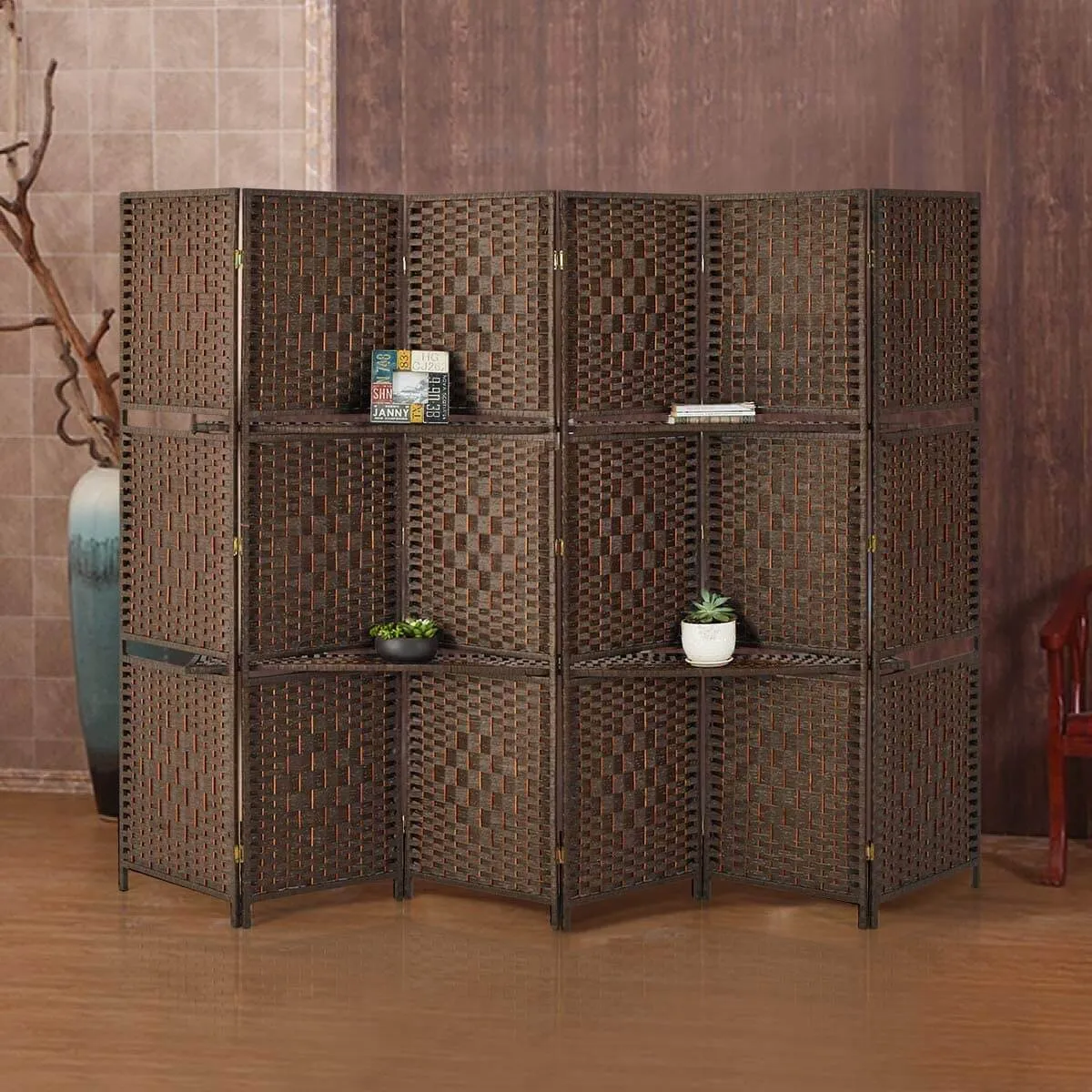 6 Panels Room Dividers 6ft Weave Fiber Folding Privacy Screens with 2 Shelves, Double Hinged, Brown