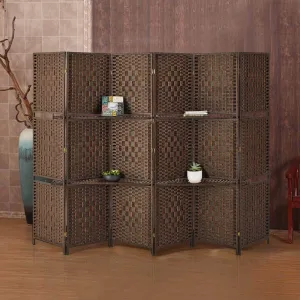 6 Panels Room Dividers 6ft Weave Fiber Folding Privacy Screens with 2 Shelves, Double Hinged, Brown