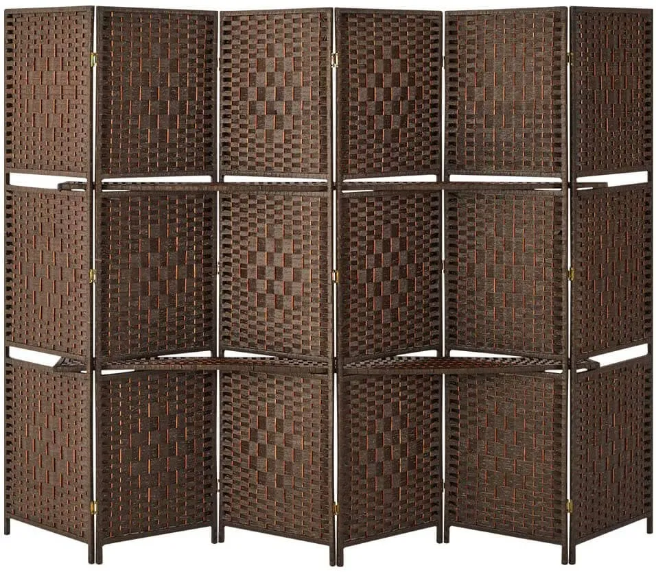 6 Panels Room Dividers 6ft Weave Fiber Folding Privacy Screens with 2 Shelves, Double Hinged, Brown