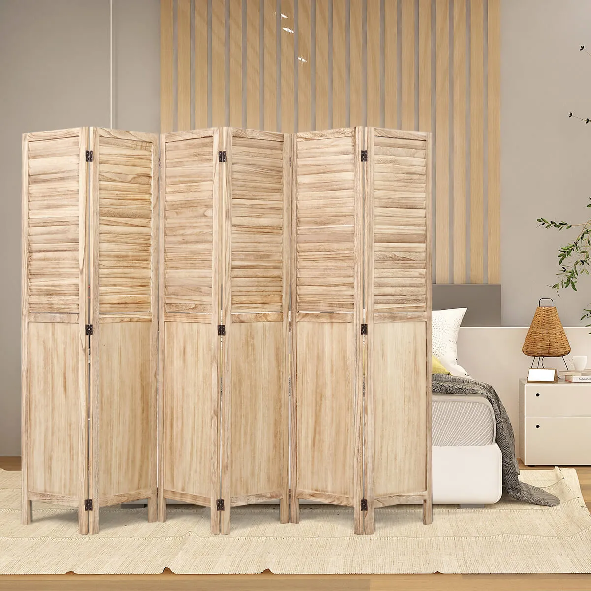 6 Panels Wood Room Divider 5.6 FT Privacy Screens with 360 Degree Hinges, Natural