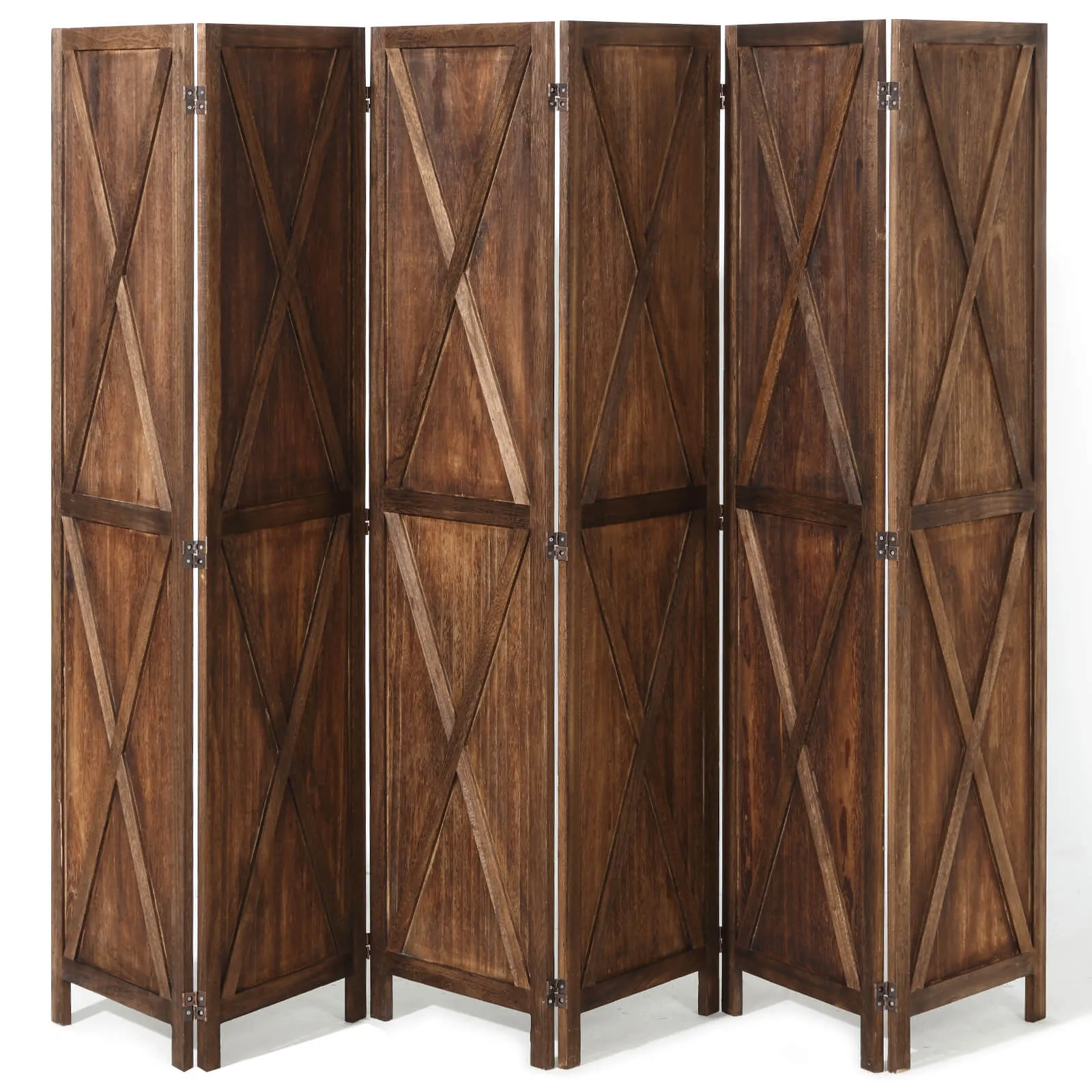 6 Panels Wood Room Divider 5.6 FT X-Shaped Rustic Folding Privacy Screens, Brown