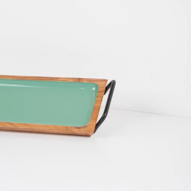 Acacia Wooden Serving Tray with Handles - Mint Enamel