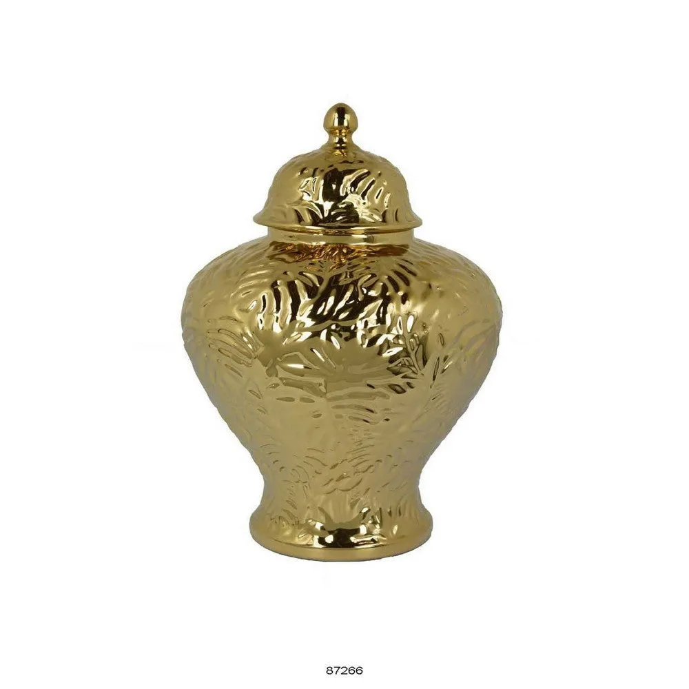 Aniea 18 Inch Accent Temple Jar, Geometric Design, Dome Lid, Gold Ceramic By Casagear Home