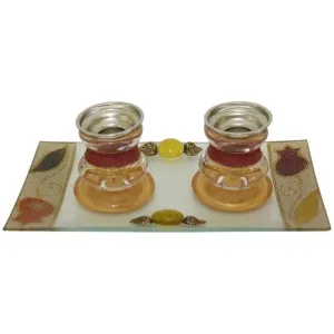 Art Glass "Tulips" Candlesticks 2.5" with Tray Colorful decoupage Made in Israel By Lily Art