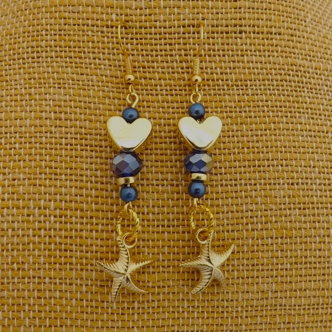 Blue & Gold Tone Heart, Starfish & Bead Handmade Earrings