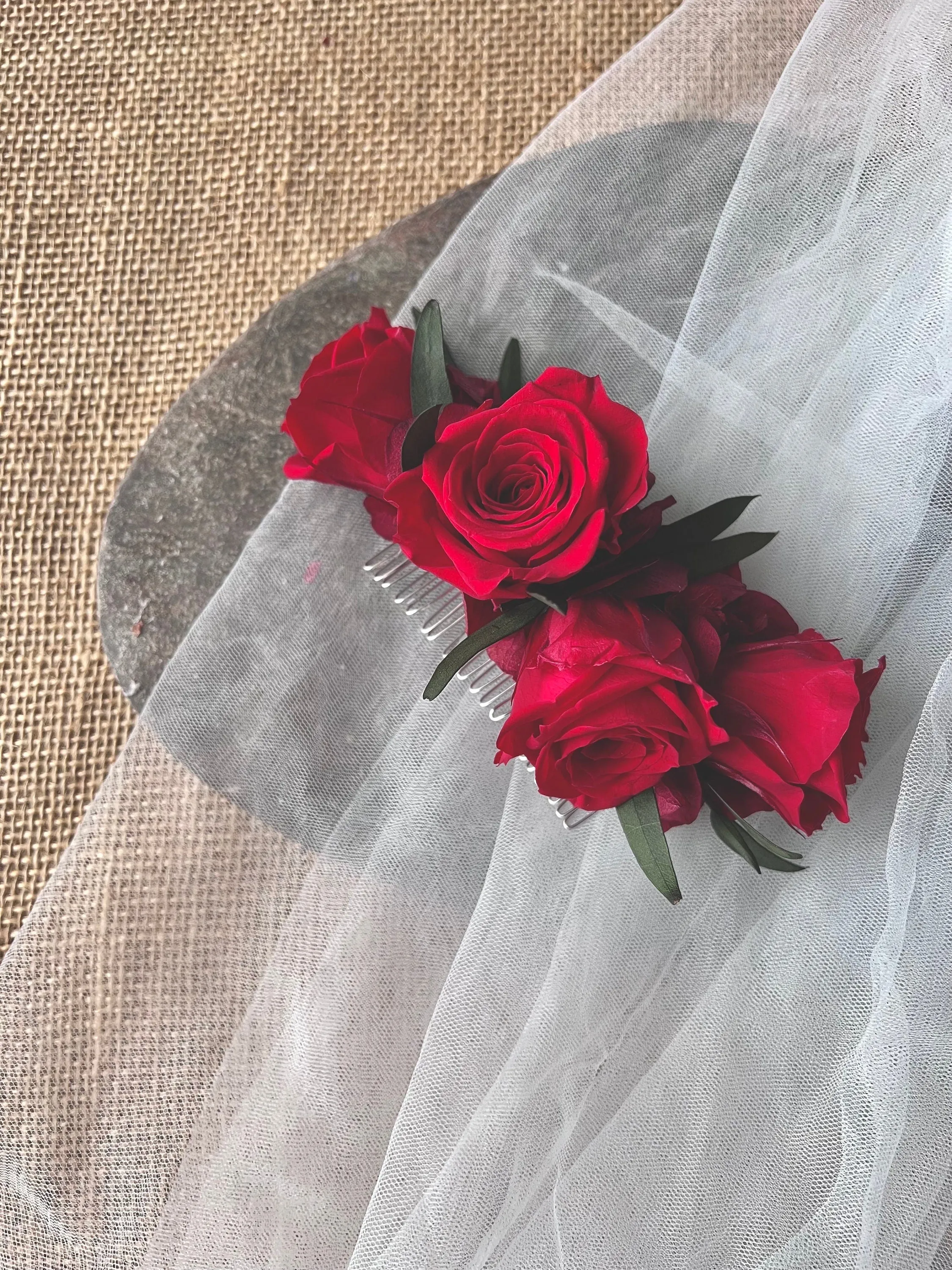 Boho Red Rose And Eucalyptus Wedding Hair Comb, White and Green Olive Leaves Flower Comb, Rustic Bridal Wedding Accessories Silver Gold UK