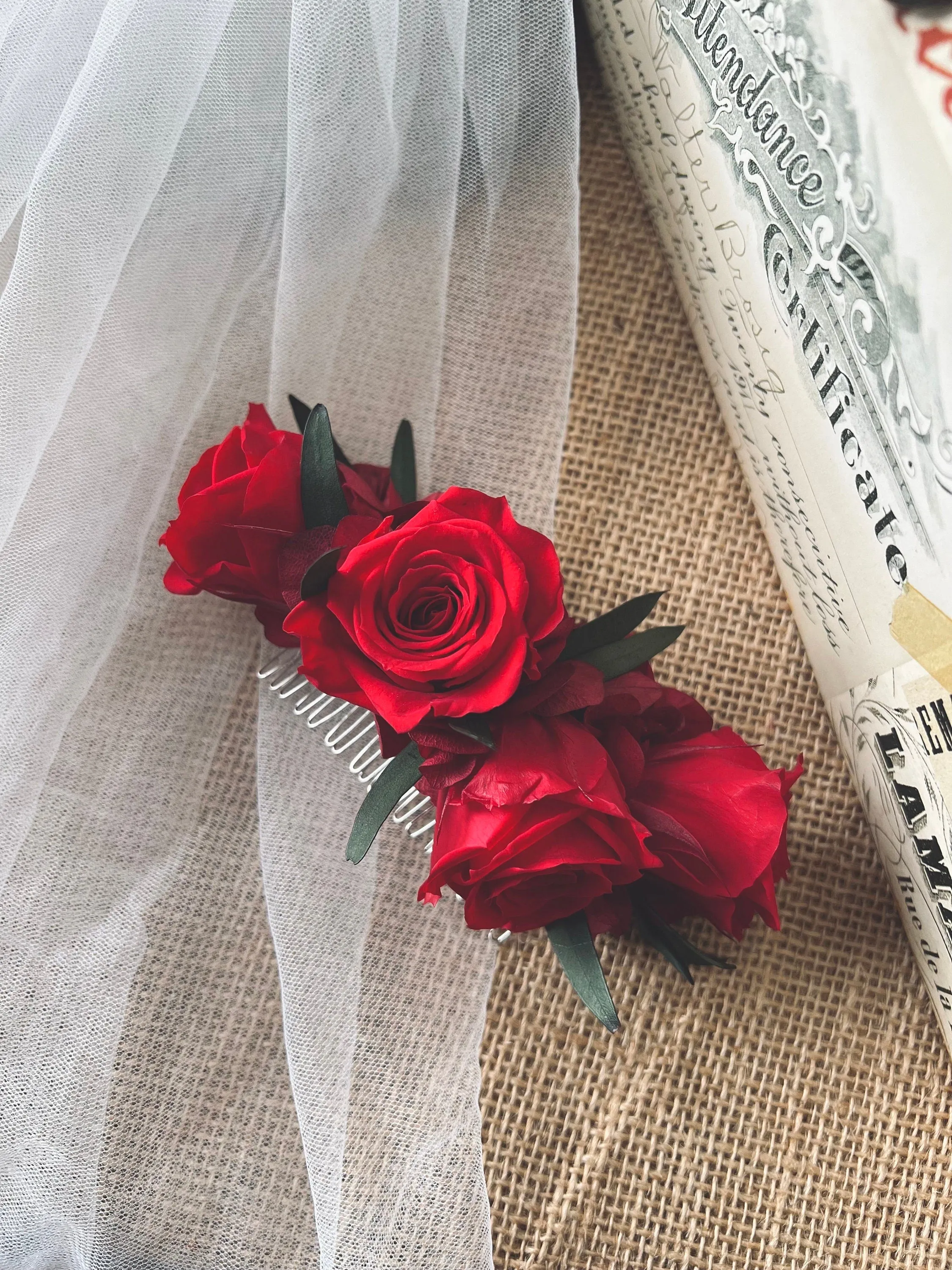 Boho Red Rose And Eucalyptus Wedding Hair Comb, White and Green Olive Leaves Flower Comb, Rustic Bridal Wedding Accessories Silver Gold UK