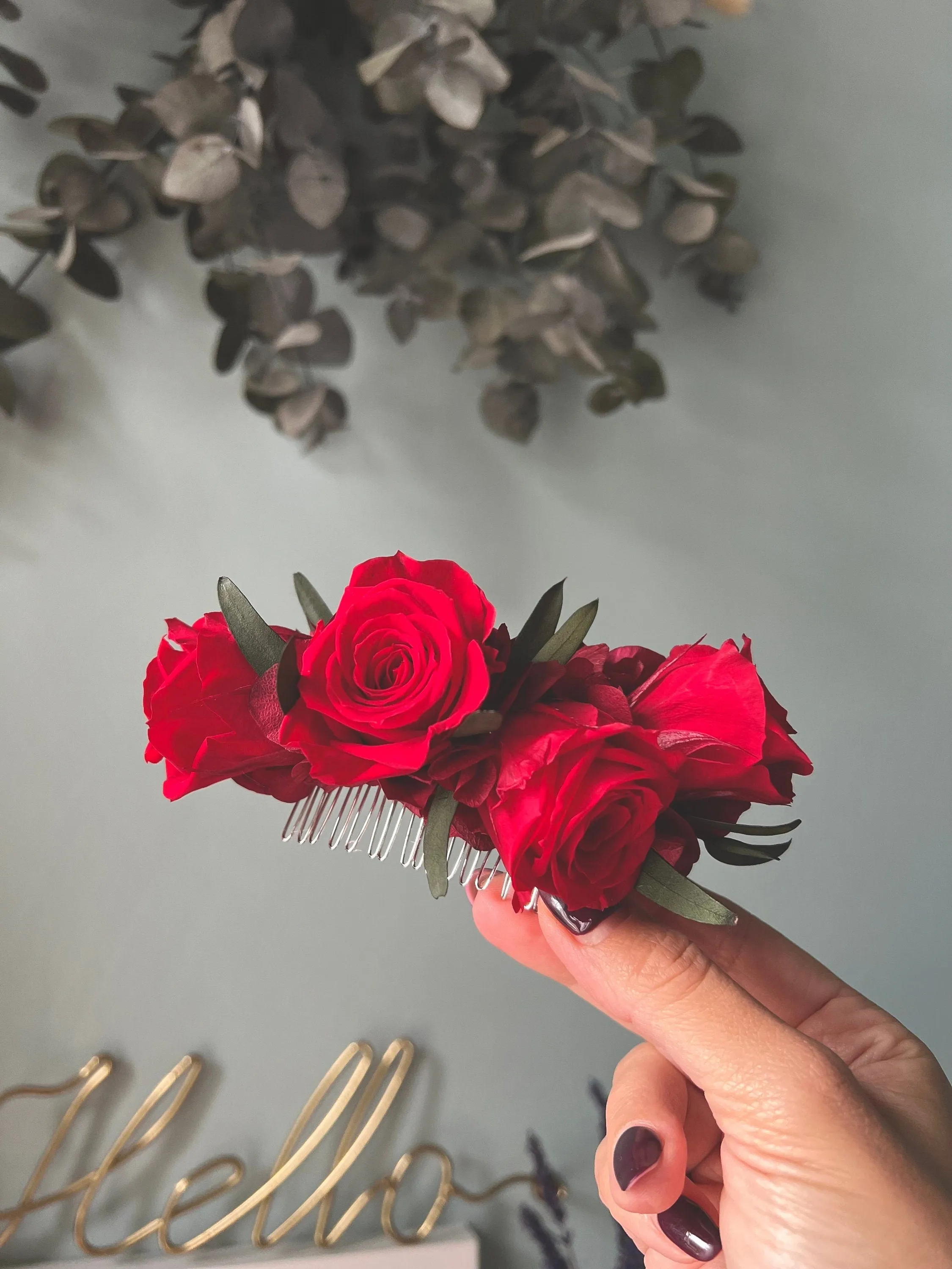 Boho Red Rose And Eucalyptus Wedding Hair Comb, White and Green Olive Leaves Flower Comb, Rustic Bridal Wedding Accessories Silver Gold UK