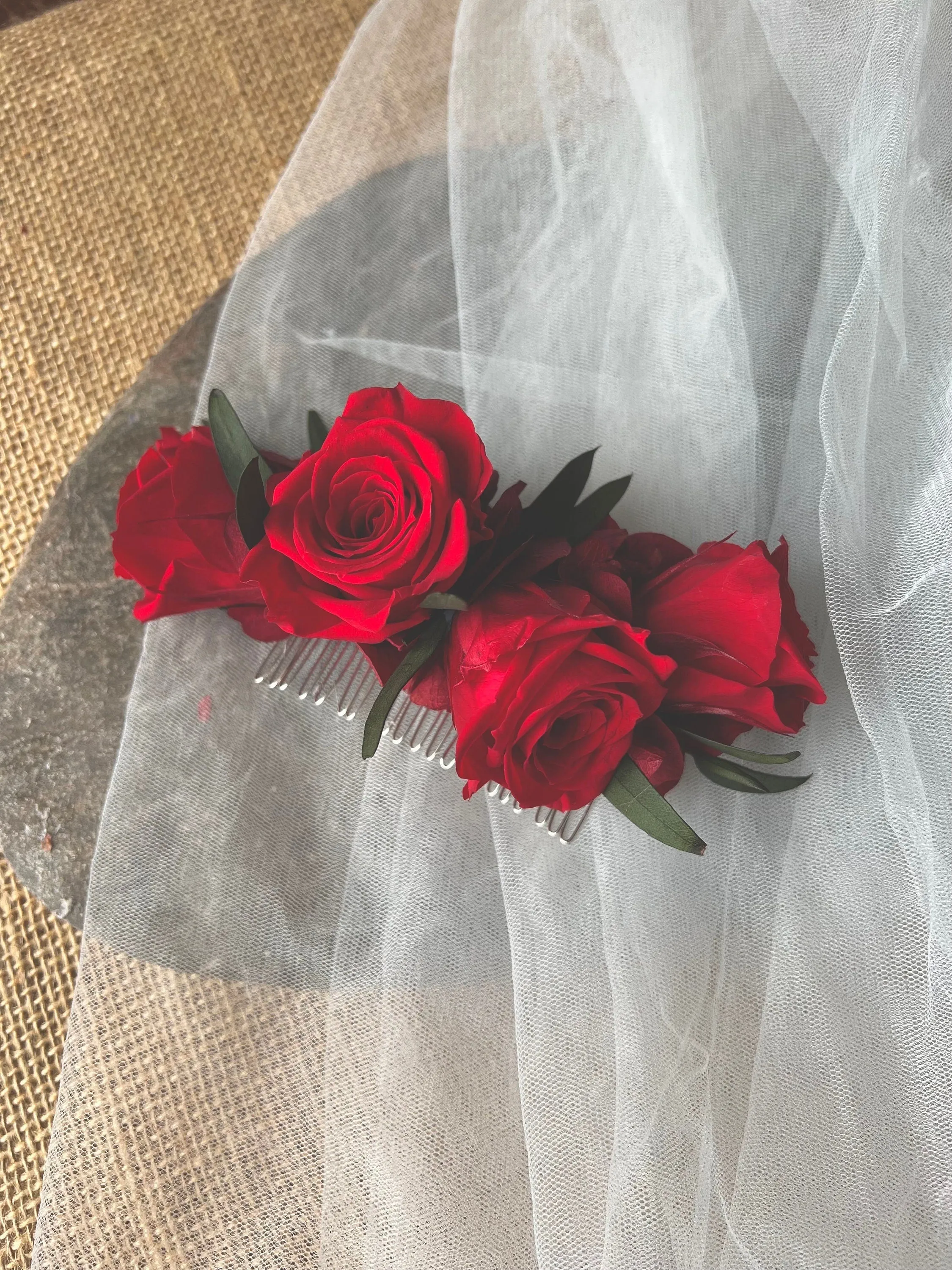 Boho Red Rose And Eucalyptus Wedding Hair Comb, White and Green Olive Leaves Flower Comb, Rustic Bridal Wedding Accessories Silver Gold UK