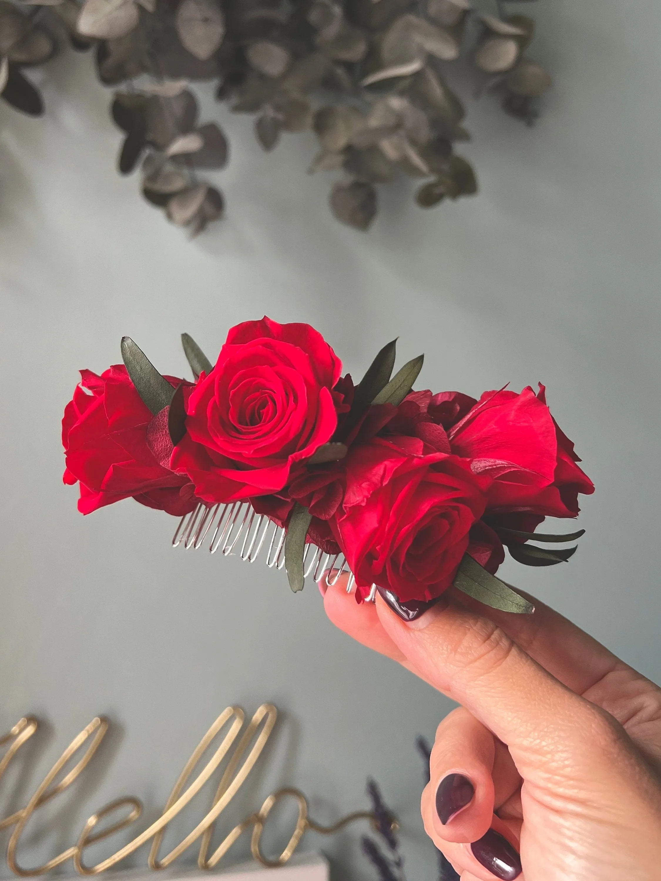 Boho Red Rose And Eucalyptus Wedding Hair Comb, White and Green Olive Leaves Flower Comb, Rustic Bridal Wedding Accessories Silver Gold UK