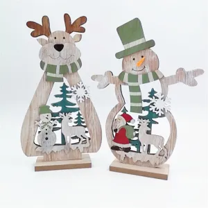 Bulk 2pcs Xmas Wood Ornaments Sets with Snowmen Elk Wholesale