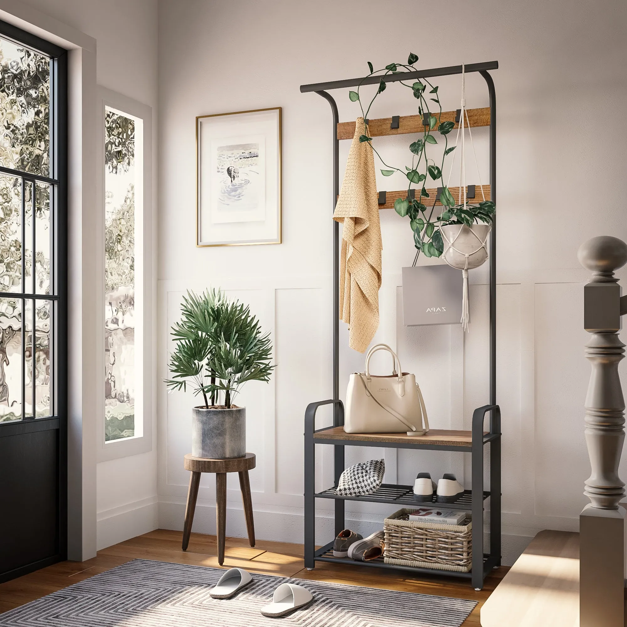 Coat Rack, with Shoe Storage Bench and Anti-tip Straps