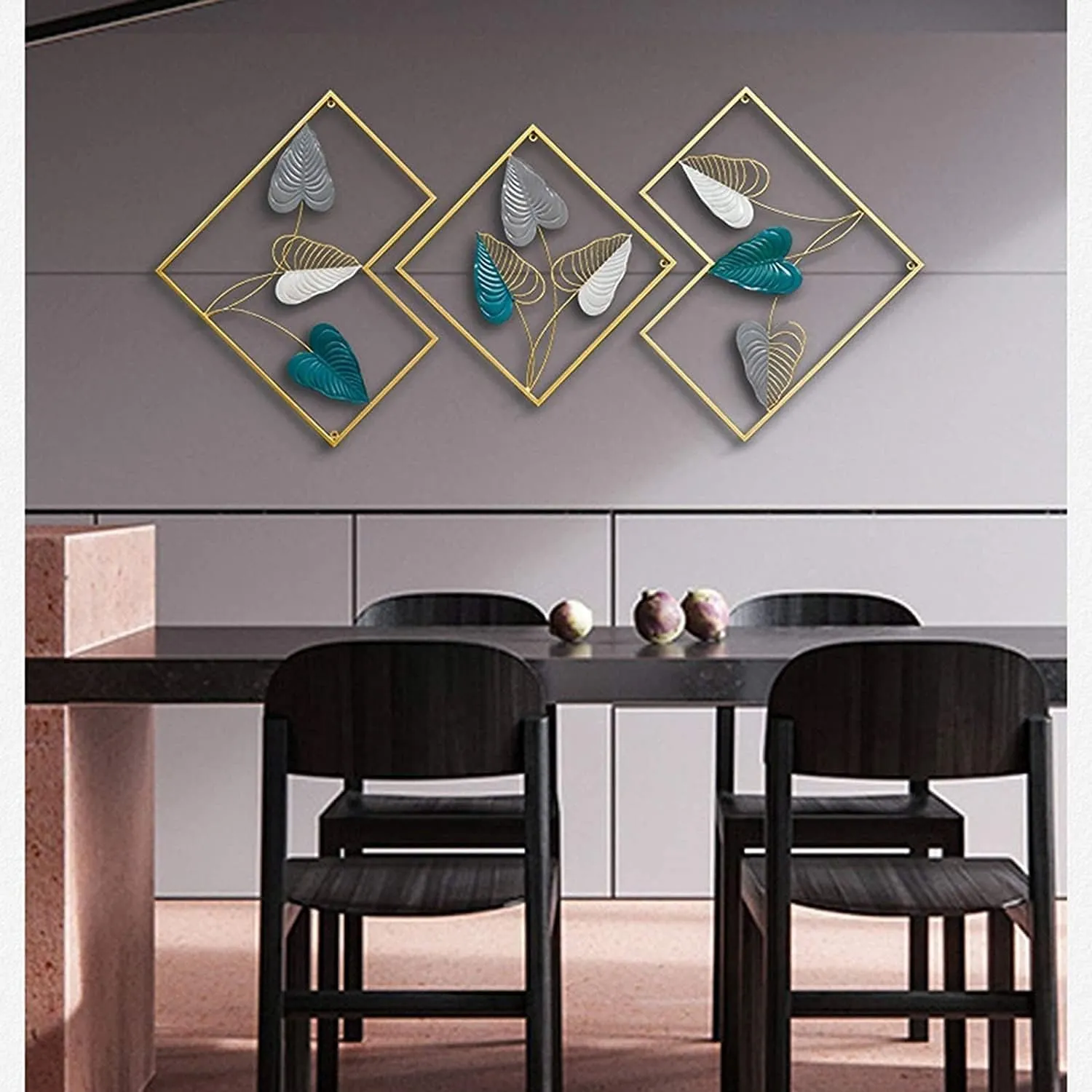 Decorative Wall Mirrors with Leaf Design, Set of 3, Gold and Teal