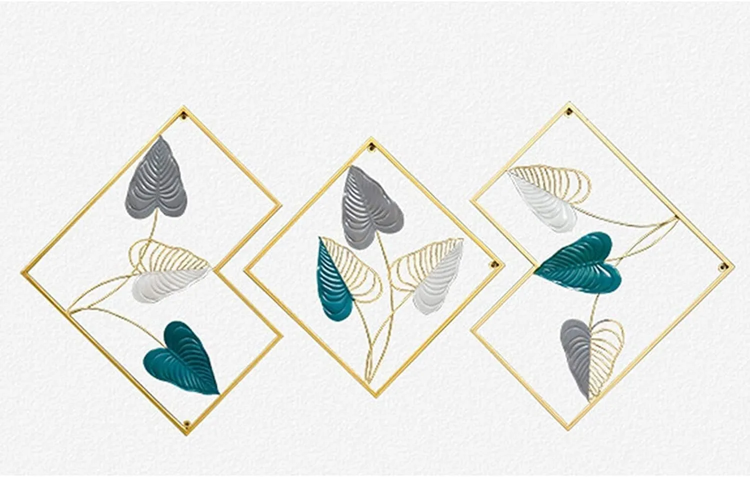 Decorative Wall Mirrors with Leaf Design, Set of 3, Gold and Teal