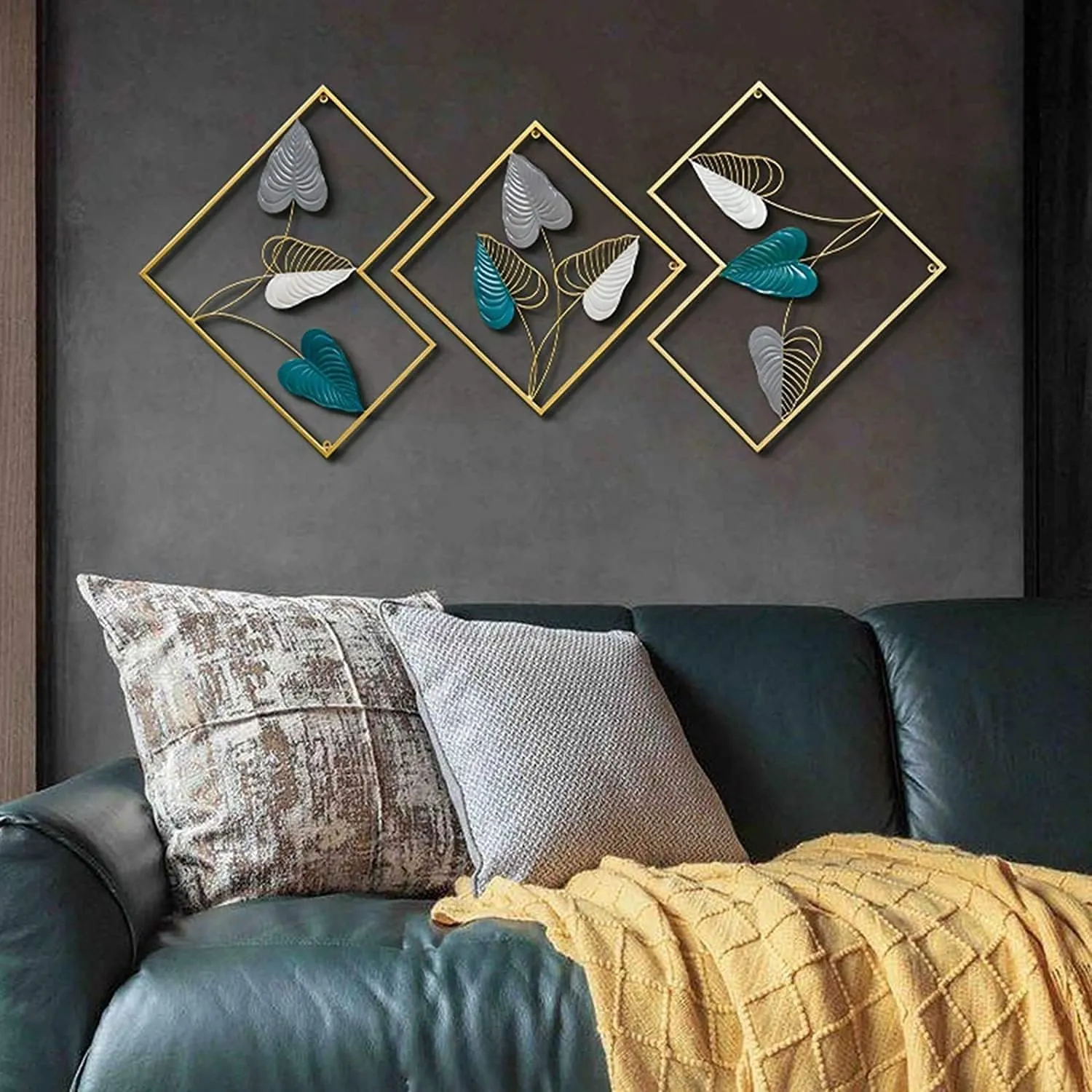 Decorative Wall Mirrors with Leaf Design, Set of 3, Gold and Teal