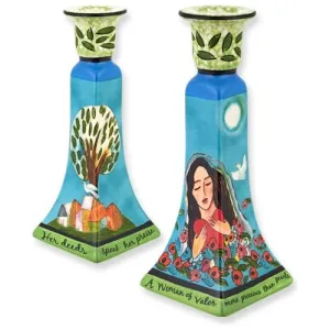 Designer Colorful Ceramic Shabbat Candlesticks  Eishet Chayil The Woman of Valor