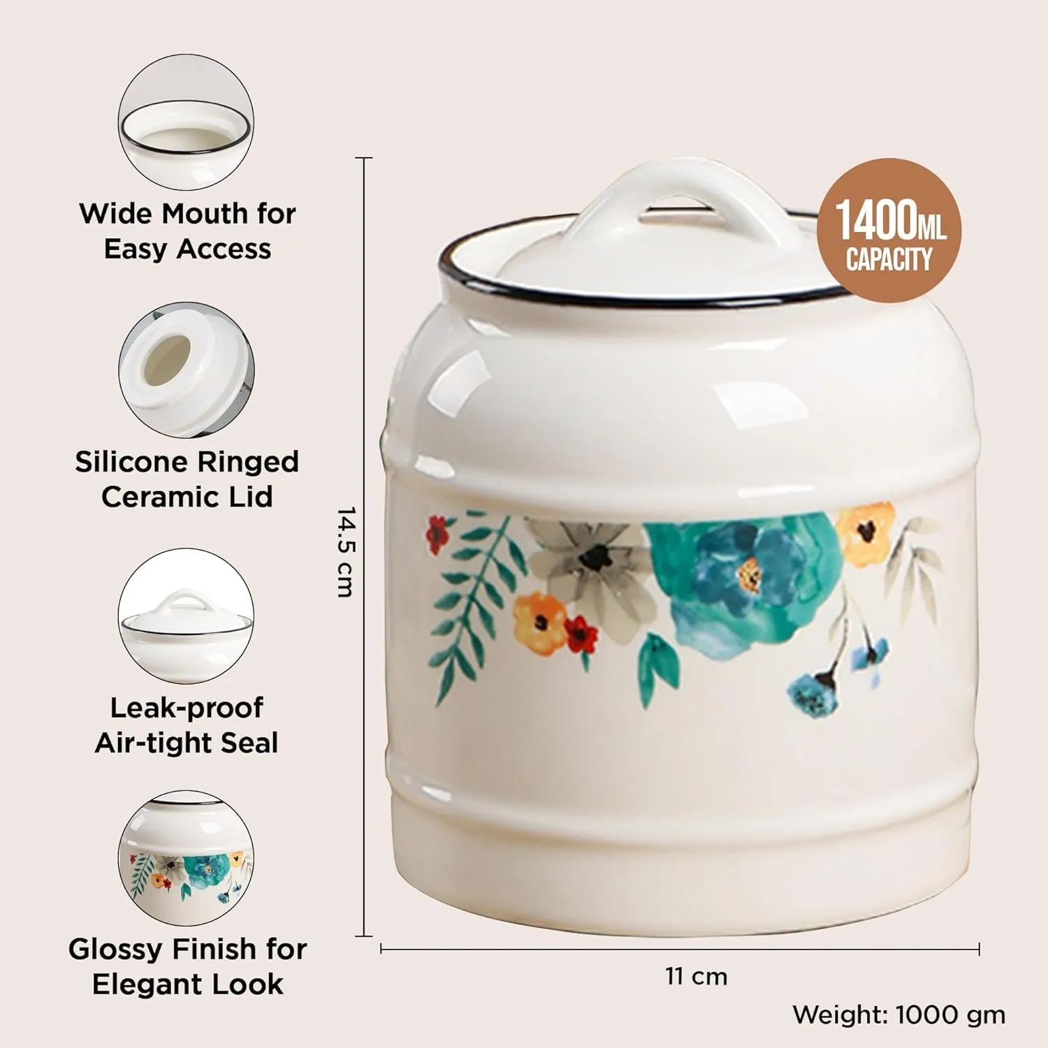 Ekhasa Big Ceramic Jar with Lid for Multipurpose Kitchen Storage (1400 ml, White) | Airtight Container Storage Jar for Kitchen | Tea, Coffee, Sugar, Snacks, Salt Container | Pickle Storage Barni Jars